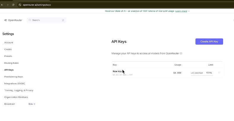 The OpenRouter API Keys settings page with the Create API Key button